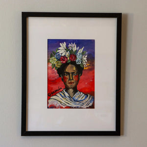 Frida Kahlo portrait with sunset background