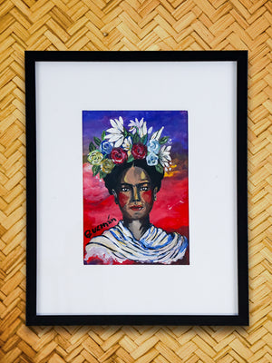 Frida Kahlo portrait with sunset background