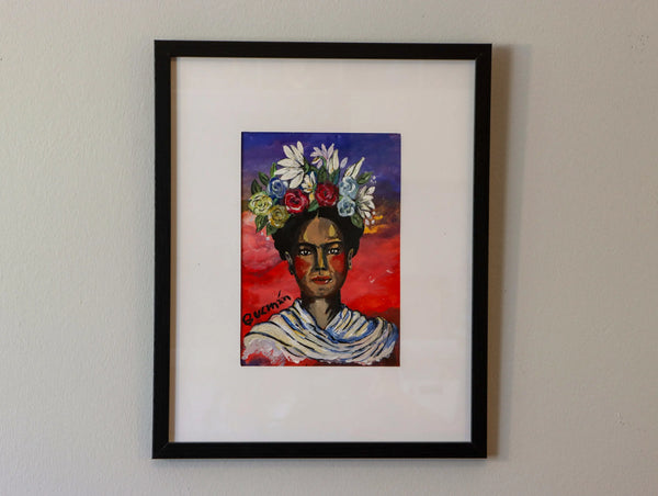 Frida Kahlo portrait with sunset background
